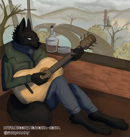 acoustic_guitar anthro black_body black_fur black_nose brick_wall bridge canned_food claws clothed clothing detailed_background fur green_eyes guitar jacket male musical_instrument outside plucked_string_instrument post-apocalyptic ruins sky solo string_instrument sweater tail topwear wall_(structure) furrymammy metro_2033 arnulf_bader canid canine canis mammal wolf absurd_res digital_media_(artwork) hi_res