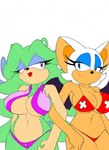 anthro archie_comics bat big_breasts bikini breasts breezie_the_hedgehog breezie_the_hedgehog_(archie) clothed clothing colored duo eulipotyphlan female hair hedgehog hi_res lifeguard mammal membrane_(anatomy) membranous_wings rouge_the_bat sega simple_background sonic_the_hedgehog_(archie) sonic_the_hedgehog_(comics) sonic_the_hedgehog_(series) superbunnygt swimwear wings