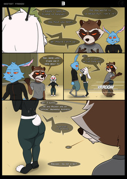 antennae_(anatomy) anthro blue_body blue_fur brown_body brown_fur buckteeth butt butt_focus cybernetics detailed_background dialogue duo female fur head_tuft looking_away machine male male/female mask motion_lines multicolored_body multicolored_fur onomatopoeia over-the-shoulder_shot plant red_eyes robotic_leg scut_tail short_tail sound_effects speech_bubble sun tail teeth text tuft white_body white_fur silentbandit guardians_of_the_galaxy marvel blackjack_o'hare floor_(marvel) rocket_raccoon domestic_rabbit halfworlder lagomorph leporid lop_rabbit mammal oryctolagus procyonid rabbit raccoon absurd_res comic english_text hi_res