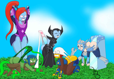 4_fingers armor atomic_wedgie black_horn black_lips blue_body blue_eyes blue_lips blue_sclera blue_skin blue_sky brown_clothing clothing cross-popping_vein eyes_closed fake_horns female female_humanoid fingers grass green_body green_clothing green_skin green_underwear group hair heart_symbol horn humanoid_pointy_ears kneeling leotard lips pink_clothing pink_heart pink_underwear plant pointy_ears ponytail purple_clothing purple_leotard red_hair sky smile spiral spiral_eyes tears_of_pain tools underwear unmoving_pattern wedgie white_clothing white_underwear wrench yellow_body yellow_skin holdthebutter activision skylanders chill_(skylanders) hex_(skylanders) ninjini sprocket_(skylanders) stealth_elf_(skylanders) elf genie goldling humanoid 2026 absurd_res digital_drawing_(artwork) digital_media_(artwork) english_description hi_res ibispaint_(artwork) signature