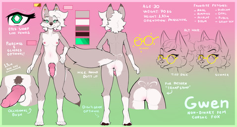 animal_genitalia animal_penis anthro areola balls biped breasts butt canine_genitalia canine_penis claws countershade_torso countershading erection eyewear feet fingers front_view fur genitals glasses gynomorph hair intersex knot knotted_penis looking_at_viewer nipples nude nude_anthro nude_gynomorph nude_intersex penis pubes rear_view smile solo standing tail text toes amazinggwen gwen_lee canid canine fox mammal 2026 digital_drawing_(artwork) digital_media_(artwork) english_text hi_res model_sheet