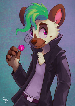 anthro belt black_bottomwear black_clothing black_jacket black_pants black_topwear bottomwear brown_markings brown_nose candy clothed clothing dessert fangs food fur green_hair hair holding_candy holding_food holding_lollipop holding_object jacket lollipop looking_aside male male_anthro markings mouth_closed open_clothing open_jacket open_topwear pants pink_inner_ear purple_belt purple_clothing purple_eyes purple_topwear simple_background solo standing teeth topwear white_body white_fur pandapaco hyena mammal half-length_portrait hi_res portrait