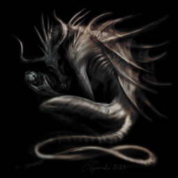 ambiguous_gender anthro biped black_background crouching curved_horn fingers frill_(anatomy) holding_object hollow_eyes horn long_horn long_tail looking_at_viewer side_view simple_background solo spines tail creepy_gun dark_souls fromsoftware mythology oceiros dragon mythological_creature mythological_scalie scalie 1:1 hi_res restricted_palette signature