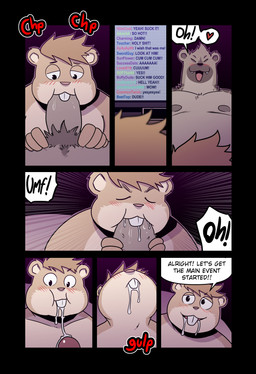 anthro blush bodily_fluids brown_body brown_fur brown_hair brown_penis buckteeth cheek_bulge computer_screen cum cum_drip cum_from_mouth cum_in_mouth cum_inside cum_on_penis dialogue drinking drinking_cum dripping duo ejaculation eyes_closed fellatio fur genital_fluids genitals hair half-closed_eyes hands_on_crotch heart_symbol looking_pleasured male male/male moan narrowed_eyes nipples open_mouth oral penile penis penis_grab penis_in_mouth profanity pubes seven_frame_image sex swallowing tan_body tan_fur teeth text t0l0k carlos_(t0l0k) samuel_(t0l0k) cricetid hamster hyena mammal rodent comic english_text hi_res multiple_scenes