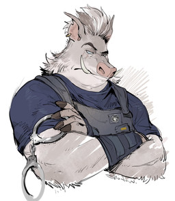 anthro blind_eye clothing cuff_(restraint) ear_piercing ear_ring eye_scar facial_scar female handcuffs metal_cuffs piercing police police_officer police_uniform restraints ring_piercing scar simple_background solo uniform white_background shadowyahaha disney zootopia captain_hoggbottom mammal suid suine sus_(pig) wild_boar 2025 digital_media_(artwork) hi_res
