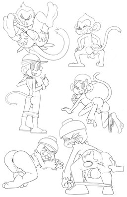 all_fours ambiguous_gender angry anthro anus ass_up backsack backwards_baseball_cap backwards_hat balls barefoot baseball_cap biped bottomwear bottomwear_around_one_leg bottomwear_down butt clothed clothing clothing_around_one_leg clothing_aside crouching feet flaccid footwear front_view gaping gaping_anus genitals gesture grin group hat headgear headwear humanoid_genitalia humanoid_penis jockstrap legs_up looking_at_viewer looking_back lying male male/ambiguous mostly_nude multiple_poses naughty_face nude on_back one_eye_closed pants pants_around_one_leg partially_clothed penetration penis perineum pose presenting presenting_anus raised_tail rear_view sandals shoes sideways_baseball_cap simple_background smile spread_anus spread_legs spreading standing tail teasing topless underwear underwear_aside underwear_down white_background wink jerseydevil ape_escape bemani konami pop'n_music sony_corporation sony_interactive_entertainment m.c.h.t_(pop'n_music) pipotron_red unbabo haplorhine mammal monkey primate absurd_res black_and_white hi_res line_art monochrome multiple_images