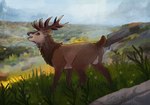 antlers balls brown_body brown_fur feral fur genitals hill hillside horizon horn landscape landscape_background male mountain open_mouth outside purple_eyes raised_tail rock side_view sky solo tail view briarlupine cervine deer elk mammal absurd_res hi_res