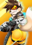 anthro butt clothing female fur gun holding_gun holding_object holding_ranged_weapon holding_weapon looking_back open_mouth ranged_weapon rear_view simple_background smile solo tan_body tan_fur tight_clothing weapon nageruamado blizzard_entertainment overwatch tracer_(overwatch) canid canine fox mammal 2020 hi_res