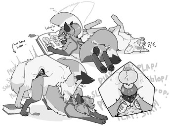 animal_genitalia animal_penis animal_vulva anus barely_visible_anus bite bodily_fluids book canine_genitalia canine_penis canine_vulva close-up duo female feral feral_on_feral from_behind_position genital_fluids genitals hair male mounting multi_nipple nipples onomatopoeia penetration penis piercing ponytail reading reading_book rear_view scruff_bite sex sound_effects text vaginal vaginal_penetration servali_sketch kaimstain canid canine fox mammal greyscale hi_res monochrome nonbinary_(lore)