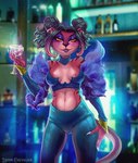 alcohol anthro beverage bottomwear breasts clothed clothing container cup drinking_glass ear_piercing ear_ring female fingers fur glass glass_container glass_cup hair holding_container holding_cup holding_object looking_at_viewer navel pants piercing ring_piercing smile solo standing tail topwear lirium_chevalier felid mammal pantherine tiger digital_media_(artwork) hi_res