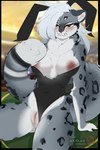 anthro big_breasts black_clothing black_leotard breasts bunny_costume clothing clothing_aside costume fake_ears fake_rabbit_ears female fluffy fluffy_tail fur genitals grey_body grey_fur hair leotard leotard_aside looking_at_viewer markings nipple_slip solo spots spotted_body spotted_fur tail vulva white_hair mochii_tiger felid mammal pantherine snow_leopard absurd_res hi_res