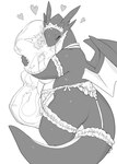 accessory anthro armband big_breasts blush body_pillow breasts claws clothing curvy_figure dakimakura dakimakura_pillow eyes_closed female furgonomics garter garter_belt garter_straps heart_symbol hug hugging_object hugging_pillow leg_garter lingerie maid_headdress membrane_(anatomy) membranous_wings non-mammal_breasts pillow simple_background slightly_chubby solo tail tail_accessory tail_garter thick_thighs voluptuous white_background wings wkar mythology kuroda_san dragon mythological_creature mythological_scalie scalie monochrome