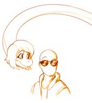 anthro bald blush clothed clothing disembodied_head duo eyebrows eyewear faceless_character faceless_human faceless_male female hair jacket long_neck looking_at_another looking_at_viewer male oblivious raised_eyebrow shirt smile sunglasses topwear unknown_artist cavemanon_studios i_wani_hug_that_gator inco_(iwhtg) liz_farlane brachiosaurid brachiosaurus dinosaur human mammal prehistoric_species reptile sauropod sauropodomorph scalie monochrome sketch