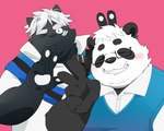 anthro black_body black_nose duo eyes_closed humanoid_hands kemono male one_eye_closed overweight overweight_male pink_background simple_background white_body wink inunoshippo vtuber kokuba_hoeguro sasayama_akira bear canid canine giant_panda mammal 2022 5:4 hi_res