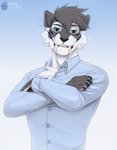 5_fingers anthro black_hair blue_eyes clothed clothing countershading fingers gradient_background hair looking_at_viewer male simple_background smile solo nerton felid mammal prehistoric_species saber-toothed_tiger 2020 digital_media_(artwork) hi_res