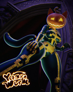 anthro cat_tail clothing female for_a_head haunted_house looking_at_viewer pumpkin_head solo tail text tight_clothing yaarnwurm epic_games fortnite fortnite:_battle_royale spice_(fortnite) domestic_cat felid feline felis mammal object_head absurd_res artist_name chromatic_aberration hi_res signature