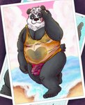 anthro balls beach belly black_body black_nose bodily_fluids clothing cloud genital_fluids genitals male moobs nipples overweight overweight_male penis precum shirt solo swimwear tongue tongue_out topwear water wet wet_clothing wet_shirt wet_topwear white_body 06betos11 bear giant_panda mammal 2024 absurd_res hi_res