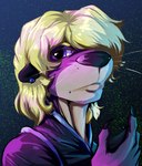 annoyed anthro blonde_hair blue_ear_piercing blue_eyes brown_body brown_fur claws clothed_male fur hair male membrane_(anatomy) purple_lighting solo webbed_hands whiskers pandottermon mammal mustelid otter