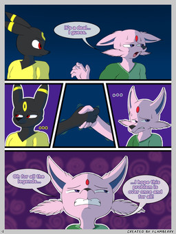 anthro black_body black_fur black_nose bodily_fluids clothed clothing dialogue female forehead_gem fur gem gesture handshake male open_mouth pink_body pink_fur purple_eyes red_eyes simple_background speech_bubble sweat text yellow_body yellow_fur flamberry_(artist) nintendo pokemon estung_venizee_neon_(flamberry) unomia_venizee_flare_(flamberry) canid canine eeveelution espeon generation_2_pokemon mammal pokemon_(species) umbreon absurd_res comic digital_drawing_(artwork) digital_media_(artwork) english_text hi_res ibispaint_(artwork) cousins_(lore)