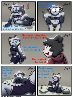 anthro bed_sheet bedding bra clothing dialogue duo female in_heat infidelity male male/female navel panties pillow profanity sports_bra text underwear x_navel connorsconnor no_nut_november andy_(connorsconnor) conley hybrid mammal 3:4 colored comic english_text hi_res meme shaded