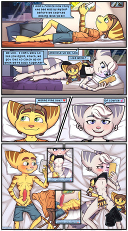 animal_genitalia animal_penis anthro athletic athletic_male bed bedroom big_penis biting_shirt blue_eyes bottomwear breasts canine_genitalia canine_penis cellphone claws clothing duo ear_piercing electronics excited exposed_breasts female fingering fluffy fluffy_tail fur furniture genitals green_eyes headgear knot knotted_penis lying lying_on_bed male male/female masturbation nipples on_bed penile penile_masturbation penis phone photo piercing pillow plushie robotic_arm romantic romantic_couple selfie shirt shorts small_breasts smartphone speech_bubble striped_body striped_fur stripes t-shirt tail text texting toe_claws topwear vaginal vaginal_fingering white_body white_fur yellow_body yellow_fur viwhi_art ratchet_and_clank sony_corporation sony_interactive_entertainment ratchet_(ratchet_and_clank) rivet_(ratchet_and_clank) humanoid lombax mammal comic english_text hi_res