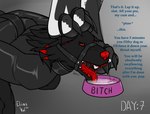anthro barazoku biped black_body black_collar black_fur black_straitjacket bowl collar container digit_ring dominant dominant_anthro dominant_male drinking_precum duo feet foot_on_head fur gag hands_behind_back jewelry kneeling male male/male muscular muscular_anthro muscular_dom muscular_male muscular_sub pet_bowl restraints ring ring_gag spitting stepped_on straitjacket submissive submissive_anthro submissive_male text toe_ring toes verbal_domination eliasvol elias_(eliasvol) kurio_(eliasvol) ambiguous_species canid canine canis mammal wolf english_text hi_res