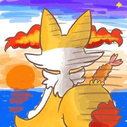 ambiguous_anthro ambiguous_gender anthro biped dipstick_tail food markings nude_ambiguous nude_anthro object_in_tail rear_view sea shrimp_(food) solo sunset tail tail_markings water annyui0611 nintendo pokemon braixen canid generation_6_pokemon mammal pokemon_(species) 1:1 2021 digital_drawing_(artwork) digital_media_(artwork) hi_res japanese_description translated_description