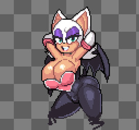 anthro armwear big_breasts black_nose black_wings breasts checkered checkered_background cleavage cleavage_overflow clothed clothing elbow_gloves eyeshadow female gloves green_eyes grey_background grin hair hands_behind_head handwear looking_at_viewer makeup membrane_(anatomy) membranous_wings pattern_background purple_eyeshadow simple_background skinsuit smile solo standing tan_body tan_skin tight_clothing white_clothing white_ears white_gloves white_hair white_handwear wings simoncross sega sonic_the_hedgehog_(series) rouge_the_bat bat mammal 2022 digital_media_(artwork) pixel_(artwork)
