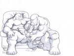 abs anal anal_fingering anthro bodily_fluids drooling duo fellatio fingering furniture male male/male muscular muscular_anthro muscular_male nipples oral pecs penile saliva sex sofa beruang bruno_rhynox trassk humanoid mammal orc rhinoceros 2007 greyscale monochrome signature