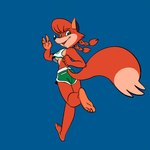 1:1 2024 anthro barefoot black_body black_fur blue_background bottomwear braided_hair breasts canid canine clothed clothing conditional_dnp dolphin_shorts feet female fox fox-pop fur green_eyes hair hi_res looking_back mammal patricia_mac_sionnach pigtails red_body red_fox red_fur running shirt shorts simple_background solo tan_body tan_fur tank_top topwear true_fox under_boob