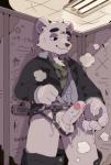 anthro balls bottomwear clothed clothing detailed_background erection fur genitals humanoid_genitalia humanoid_penis male necktie pants penis shirt solo topwear underwear white_body white_fur rokuyon aggretsuko sanrio shirota_(aggretsuko) bear mammal polar_bear ursine 2019