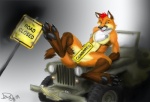 2009 abstract_background anthro army biped blue_eyes canid canine censor_bar censored chest_tuft colored digitigrade dog_tags fox fur gradient_background hair hindpaw jeep labbedog leaning leaning_backward male mammal military nude open_mouth paws red_hair sign simple_background sitting solo spark_(spark) spread_legs spreading tail tongue tuft vehicle