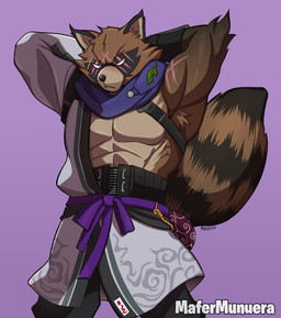 abs anthro armpit_hair biped black_nose blind body_hair clothed clothed_anthro clothed_male clothing disability eye_scar facial_scar hands_behind_head male muscular muscular_anthro muscular_male pecs scar solo tail white_eyes mafer epic_games fortnite hajime_(fortnite) canid canine mammal raccoon_dog tanuki colored hi_res