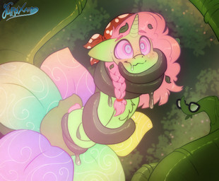 blue_body bodily_fluids chest_tuft coiling eyebrows eyewear female feral glasses horn hypnosis mind_control plant plant_pred plant_vore saliva sherry_blossom solo tuft vore fluffyxai hasbro my_little_pony mythology fan_character elemental_creature equid equine flora_fauna mammal mythological_creature mythological_equine unicorn absurd_res hi_res