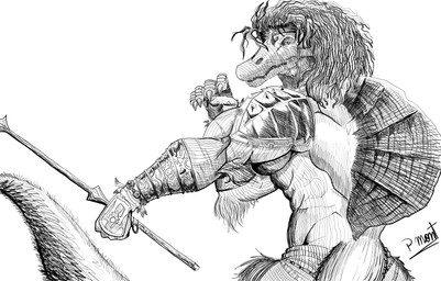 abs accessory anthro arm_tuft armor barazoku biceps claws durian fangs food fruit holding_object holding_weapon male melee_weapon muscular muscular_anthro muscular_male pecs plant polearm scales scar solo spear tail teeth tuft warrior weapon pinumontbalou dinosaur prehistoric_species reptile scalie spinosaurid spinosaurus theropod hatching_(art) hi_res monochrome shaded