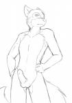 anthro balls erection fur genitals hand_on_hip humanoid_genitalia humanoid_penis looking_at_viewer male nude penis pose simple_background solo white_background kurapika raven_wolf alistair_quincy canid canine canis coyote mammal black_and_white monochrome sketch