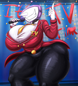 5_fingers belt big_breasts black_clothing breasts clothing crossgender electronics female fingers for_a_head holding_microphone holding_object huge_breasts huge_thighs microphone mtf_crossgender necktie red_clothing screen screen_face solo television thick_thighs white_clothing nightlyflare deltarune undertale_(series) tenna_(deltarune) darkner object_head screen_head tv_head 2025 hi_res