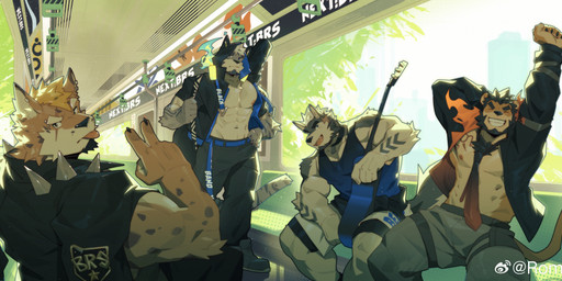 ^_^ abs acoustic_guitar anthro arm_markings beard belt biceps black_bottomwear black_clothing black_collar black_facial_hair black_hair black_jacket black_pants black_shorts black_topwear blep blonde_hair blue_belt blue_body blue_clothing blue_eyes blue_fur blue_shirt blue_tank_top blue_topwear bottomwear cheek_scar chest_tattoo city cityscape claws clothing collar eyes_closed facial_hair facial_scar fiery_headphones finger_claws fur gesture goatee gradient_clothing gradient_necktie green_eyes grey_body grey_bottomwear grey_clothing grey_fur grey_pants group guitar guitar_case hair hand_gesture holding_guitar holding_musical_instrument holding_object inside_train jacket looking_at_viewer male markings muscular muscular_anthro muscular_male musical_instrument navel necktie nipples orange_body orange_fur pants pecs plant plucked_string_instrument public_transportation rapid_transit scar shirt shirtless shorts sitting sitting_on_seat smile spiked_jacket spots spotted_body spotted_fur standing stretching_arms string_instrument striped_body striped_fur stripes tail tank_top tattoo tongue tongue_out topwear tree v_sign weibo_logo white_body white_fur white_hair unknown_artist weibo alcander_(wakatanka4) beenic rom_g uuh_tiger canid canine canis domestic_dog felid husky jaguar lion mammal nordic_sled_dog pantherine spitz tiger 2025 absurd_res hi_res