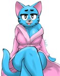 anthro bathrobe bedroom_eyes blue_body blue_fur breasts cleavage clothed clothing female fur looking_at_viewer narrowed_eyes nipple_outline open_mouth robe seductive simple_background smile solo bulluppa cartoon_network the_amazing_world_of_gumball nicole_watterson domestic_cat felid feline felis mammal absurd_res hi_res