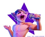 5_fingers abstract_background anthro electronics eyes_closed fangs fingers hair male microphone open_mouth simple_background singing solo star teeth text tongue kotyami kotyami_(kotyami) domestic_cat felid feline felis mammal 2019 url