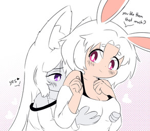 age_difference anthro blush breast_grab breast_play breasts circle_eyebrows cleavage clothed clothing duo eyebrow_through_hair eyebrows female female/female fox_ears fur grabbing_from_behind grey_body grey_fur hair hand_on_breast kemono medium_breasts off_shoulder pattern_background pink_eyes purple_eyes rabbit_ears simple_background smile sweater text topwear translucent translucent_hair white_body white_hair white_skin nanakoko koko_(nanakoko) yuki_(mochicake85) animal_humanoid canid canine fox humanoid lagomorph lagomorph_humanoid mammal mammal_humanoid english_text hi_res