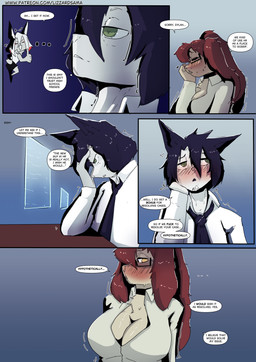 anthro blush bodily_fluids breasts chibi choker cleavage clothed clothing dialogue duo embarrassed eyewear female fur glasses hair jewelry male male/female necklace necktie orange_eyes profanity red_hair simple_background sweat text tired tired_eyes wearing_glasses lizzard_sama dylan_(lizzard_sama) miranda_(lizzard_sama) naomi_(lizzard_sama) canid canine canis domestic_dog mammal wolf absurd_res comic english_text hi_res url