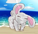 all_fours anthro beach drying drying_fur eyes_closed female fur pink_inner_ear sea seaside shaking shaking_off_water smile solo water wet whiskers white_body white_fur milachu92 lantha lagomorph leporid mammal rabbit absurd_res hi_res