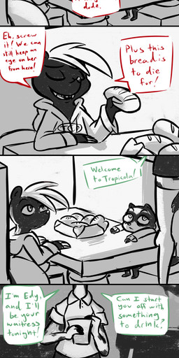 anthro bread buckteeth candle clothed clothing dialogue eyeshadow eyewear female food glasses group hoodie lipstick makeup male pink_eyeshadow pink_lipstick restaurant sitting speech_bubble teeth text topwear inkyfrog disney zootopia andrew_(inkyfrog) edy_(inkyfrog) fan_character hugh_muskroura maxine_d'lapin percy_vison european_polecat felid giraffe giraffid lagomorph leporid mammal mephitid mustelid musteline pantherine rabbit skunk true_musteline weasel 2016 absurd_res comic english_text hi_res long_image restricted_palette tall_image