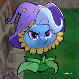 blue_body blue_hair clothing female flower hair hat headgear headwear leaf looking_at_viewer petals plant purple_eyes solo sunflower wizard_hat poxy_boxy electronic_arts friendship_is_magic hasbro my_little_pony plants_vs._zombies popcap_games trixie_(mlp) elemental_creature equid equine flora_fauna flower_creature horse hybrid mammal sunflower_(pvz) 1:1 2026 crossover hi_res