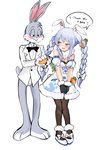 anthro blue_hair carrot clothed clothing duo female food hair male orange_eyes plant suit teeth text vegetable himuhino hololive looney_tunes vtuber warner_brothers bugs_bunny usada_pekora animal_humanoid humanoid lagomorph lagomorph_humanoid leporid leporid_humanoid mammal mammal_humanoid rabbit rabbit_humanoid english_text hi_res