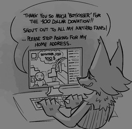 anthro female grey_background keyboard livestream looking_at_object male neck_tuft screen simple_background solo text tuft zzx microsoft minecraft mojang xbox_game_studios canid canine mammal 2021 english_text monochrome