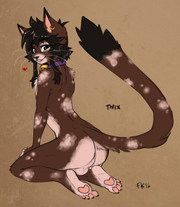 4_toes anthro anus backsack balls bell bell_collar biped black_eyebrows black_hair black_markings black_tail_tip brown_body brown_fur brown_nose butt collar collar_only countershade_butt countershade_face countershade_feet countershade_fur countershade_torso countershading dipstick_tail ear_piercing eyebrows feet femboy fur fur_markings genitals green_eyes grin grinning_at_viewer hair heart_symbol iris kneeling long_tail looking_at_viewer looking_back looking_back_at_viewer male male_anthro markings medium_hair monotone_hair multicolored_body multicolored_fur nude nude_anthro nude_male pawpads perineum piercing pink_anus pink_inner_ear pink_pawpads plantigrade plantigrade_pawpads pose presenting presenting_hindquarters pupils purple_collar simple_background slim slim_anthro slim_male smile smiling_at_viewer solo tail tail_markings tan_background three-quarter_view toes whiskers white_balls white_body white_countershading white_fur white_markings white_perineum white_sclera white_whiskers conditional_dnp fluff-kevlar twix_(fluff-kevlar) domestic_cat felid feline felis mammal 2016 digital_media_(artwork) english_description full-length_portrait pinup portrait