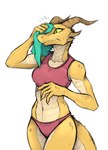 anthro bodily_fluids bra clothed clothing female navel simple_background solo spikes spikes_(anatomy) sweat sweatdrop tail towel underwear white_background wiping_forehead yellow_body guoh mythology sweating_towel_guy yastara dragon mythological_creature mythological_scalie scalie hi_res meme