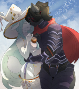 5_fingers anthro anthro_on_anthro biped black_hair clothed clothing duo female female/female fingers fur hair hat headgear headwear interspecies long_hair pink_nose tail white_body white_fur witch_hat munkeesgomu deer domestic_cat felid feline felis mammal hi_res